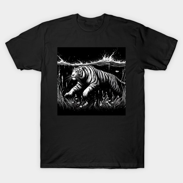 Monochromatic Outline Swimming Tiger in Water T-Shirt by TomFrontierArt